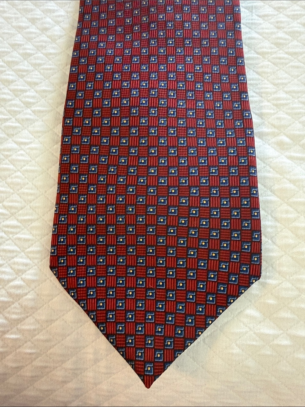 Vintage Nautica 100% Silk Tie in red burgundy blue geometric grid pattern